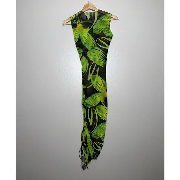 Louisa Ballou Heatwave Printed Mesh Ruched Midi Dress Green Black XS Designer - Picture 9 of 10